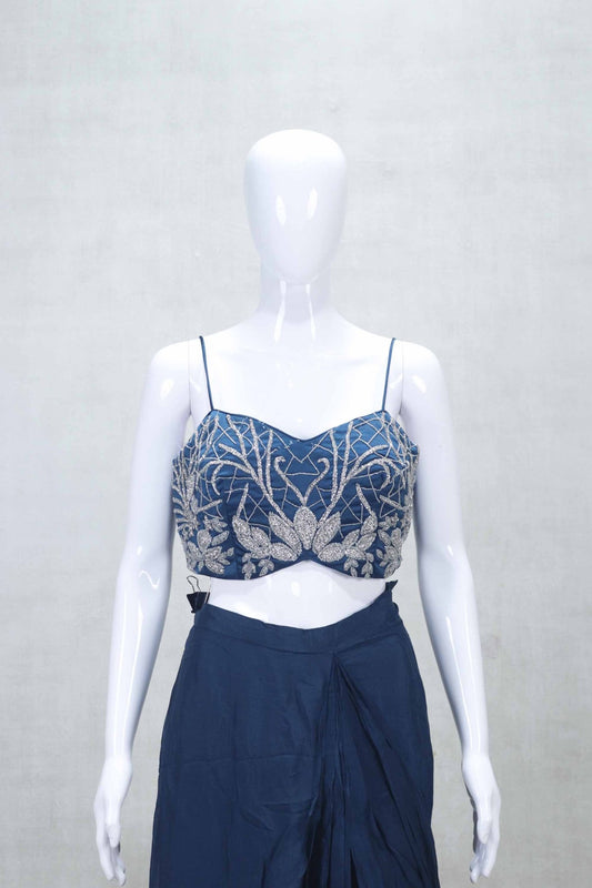 Designer Navy Blue Draped Saree Gown with Heavy Embroidered Cape Blouse - Mangaldeep NX