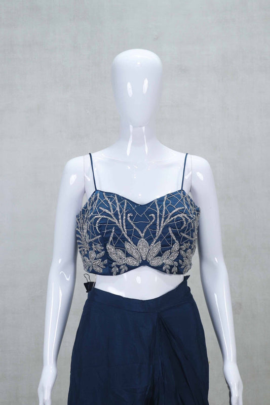 Designer Navy Blue Draped Saree Gown with Heavy Embroidered Cape Blouse - Mangaldeep NX