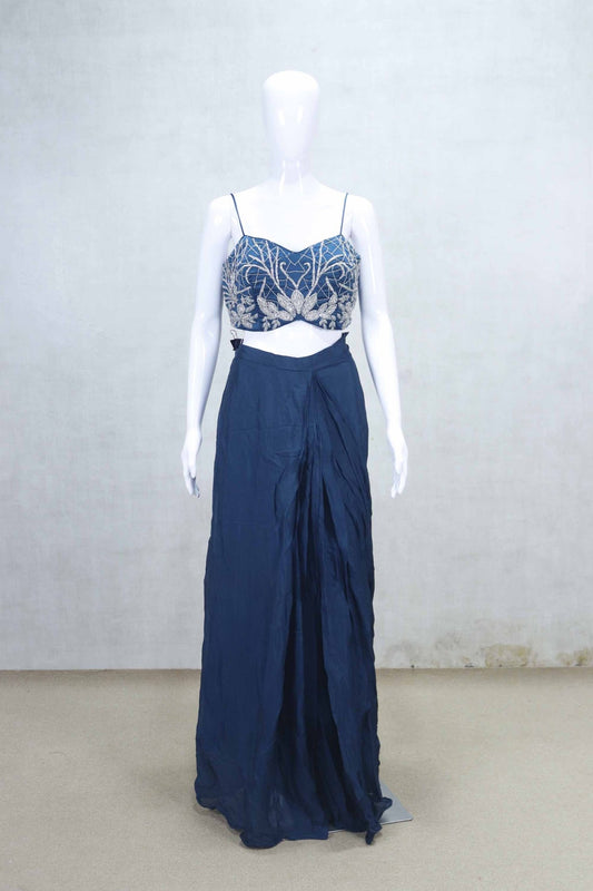 Designer Navy Blue Draped Saree Gown with Heavy Embroidered Cape Blouse - Mangaldeep NX