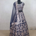 Designer Navy Blue Embroidered Silk Lehenga Choli with Dupatta - Mangaldeep NX