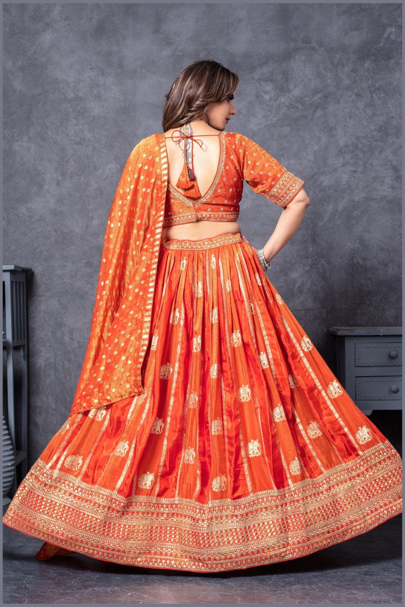 Designer Orange Banarasi Silk Lehenga Choli Set with Dupatta - Mangaldeep NX