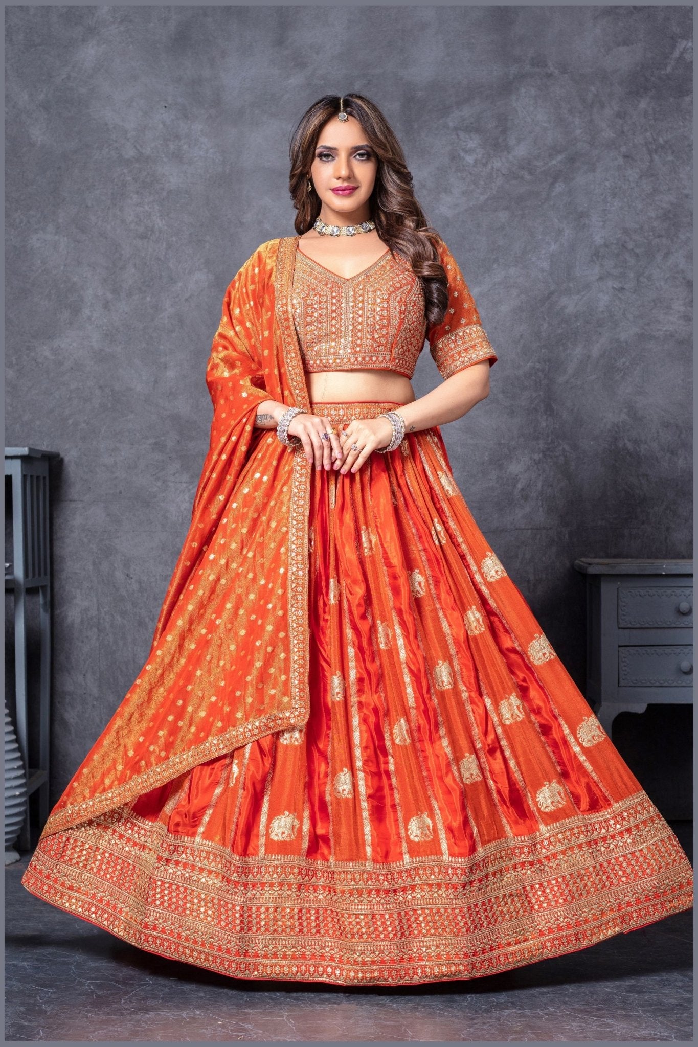 Designer Orange Banarasi Silk Lehenga Choli Set with Dupatta - Mangaldeep NX