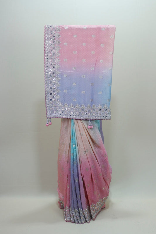 Designer Pastel Georgette Saree with Heavy Mirror Work Border – Ombre Pink Blue Party Wear Saree - Mangaldeep NX