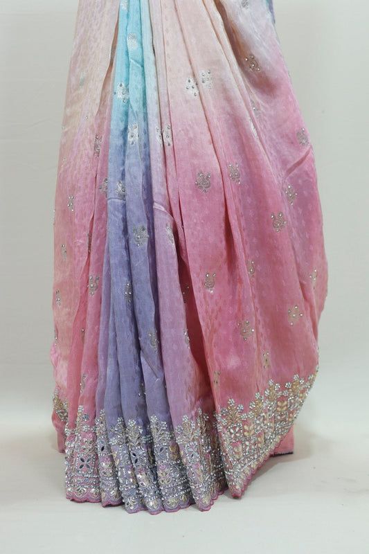 Designer Pastel Georgette Saree with Heavy Mirror Work Border – Ombre Pink Blue Party Wear Saree - Mangaldeep NX