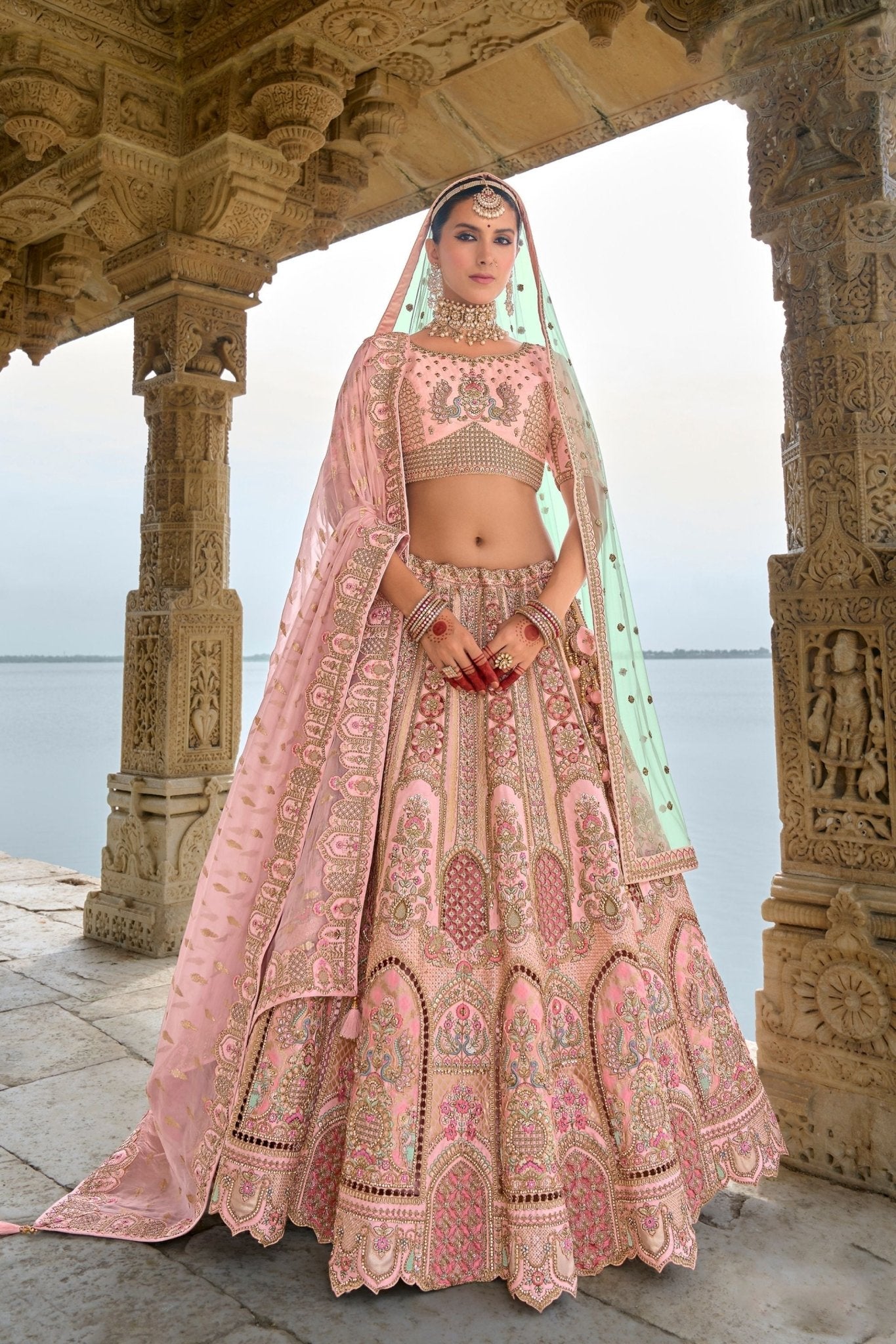 Designer Pastel Pink Bridal Lehenga Choli with Heavy Embroidery and Zari Work - Mangaldeep NX
