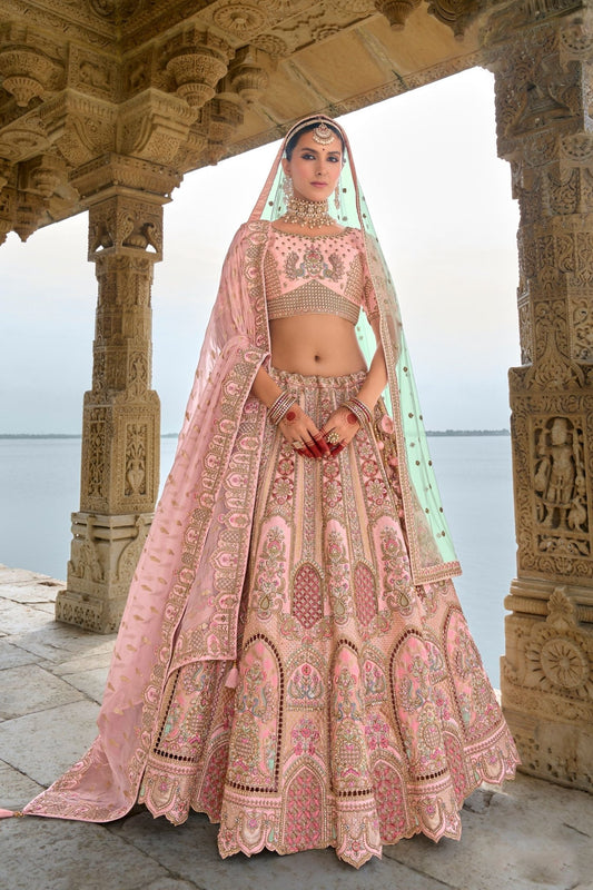 Designer Pastel Pink Bridal Lehenga Choli with Heavy Embroidery and Zari Work - Mangaldeep NX