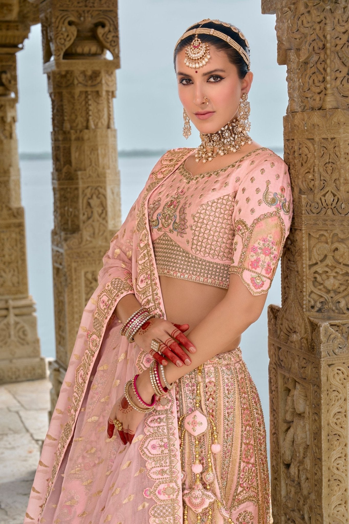 Designer Pastel Pink Bridal Lehenga Choli with Heavy Embroidery and Zari Work - Mangaldeep NX