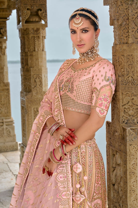 Designer Pastel Pink Bridal Lehenga Choli with Heavy Embroidery and Zari Work - Mangaldeep NX