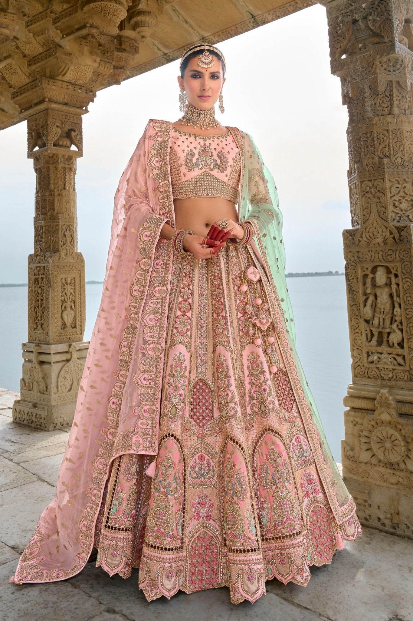Designer Pastel Pink Bridal Lehenga Choli with Heavy Embroidery and Zari Work - Mangaldeep NX