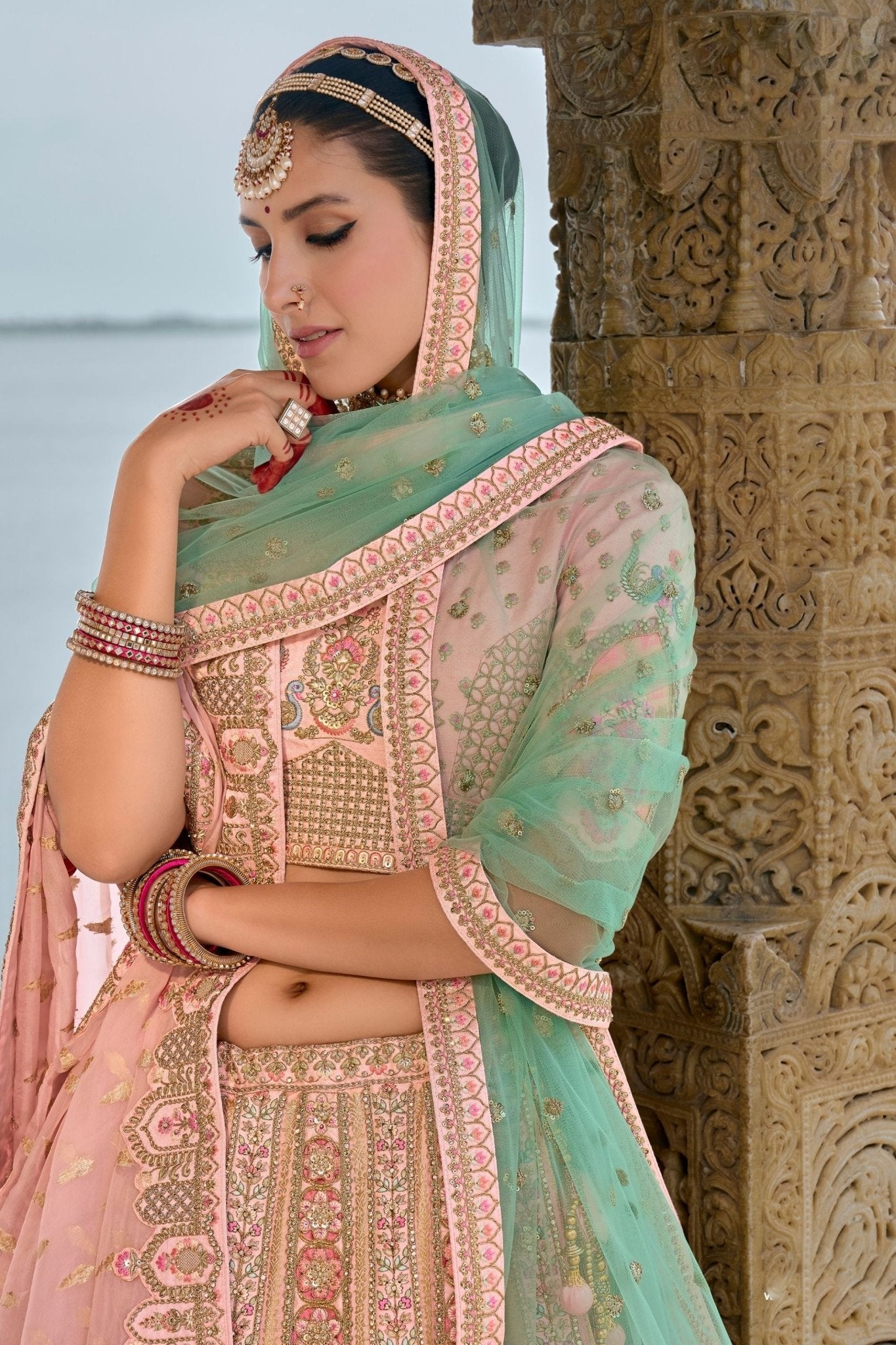 Designer Pastel Pink Bridal Lehenga Choli with Heavy Embroidery and Zari Work - Mangaldeep NX