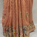 Designer Peach Silk Saree with Heavy Multicolor Embroidered Border - Mangaldeep NX