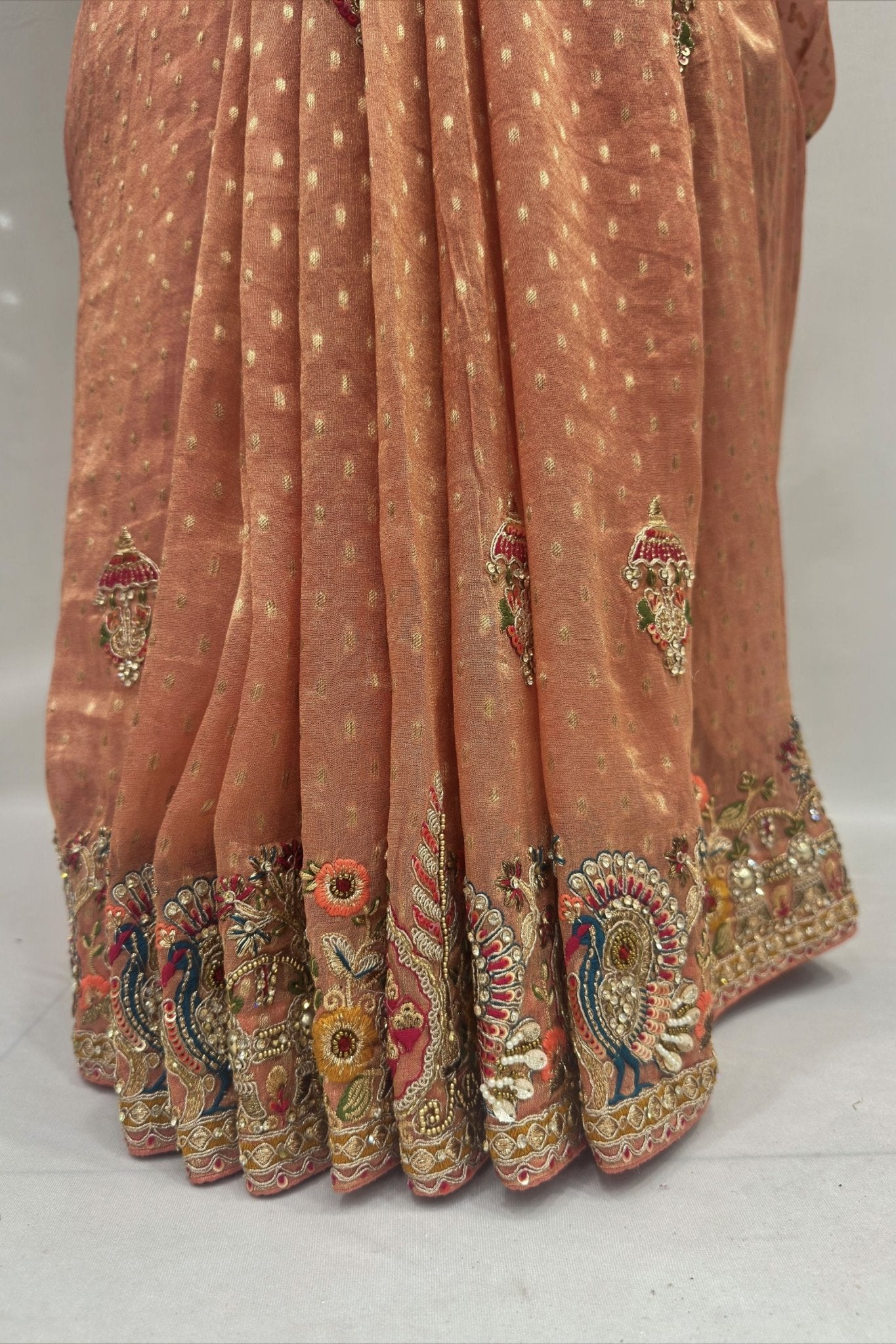 Designer Peach Silk Saree with Heavy Multicolor Embroidered Border - Mangaldeep NX