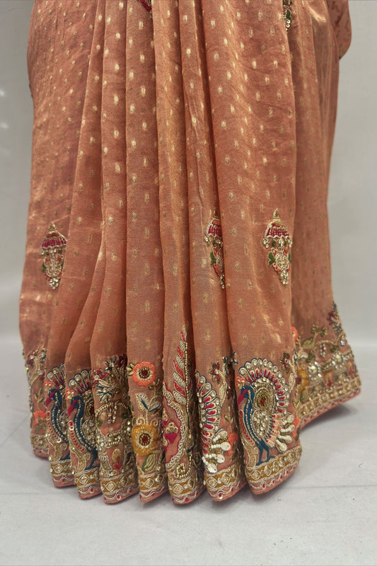 Designer Peach Silk Saree with Heavy Multicolor Embroidered Border - Mangaldeep NX