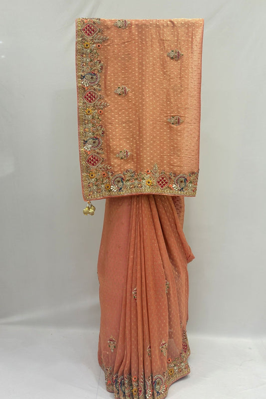 Designer Peach Silk Saree with Heavy Multicolor Embroidered Border - Mangaldeep NX