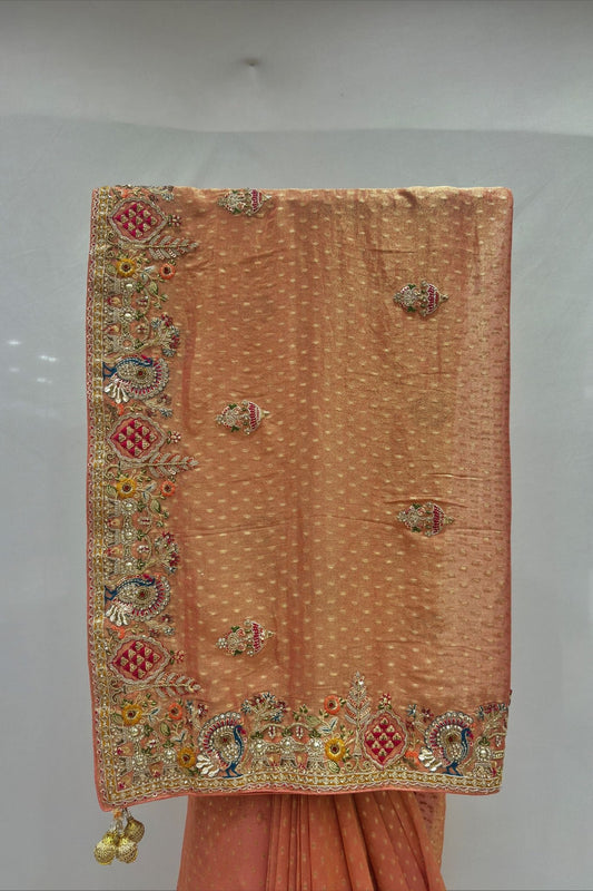 Designer Peach Silk Saree with Heavy Multicolor Embroidered Border - Mangaldeep NX