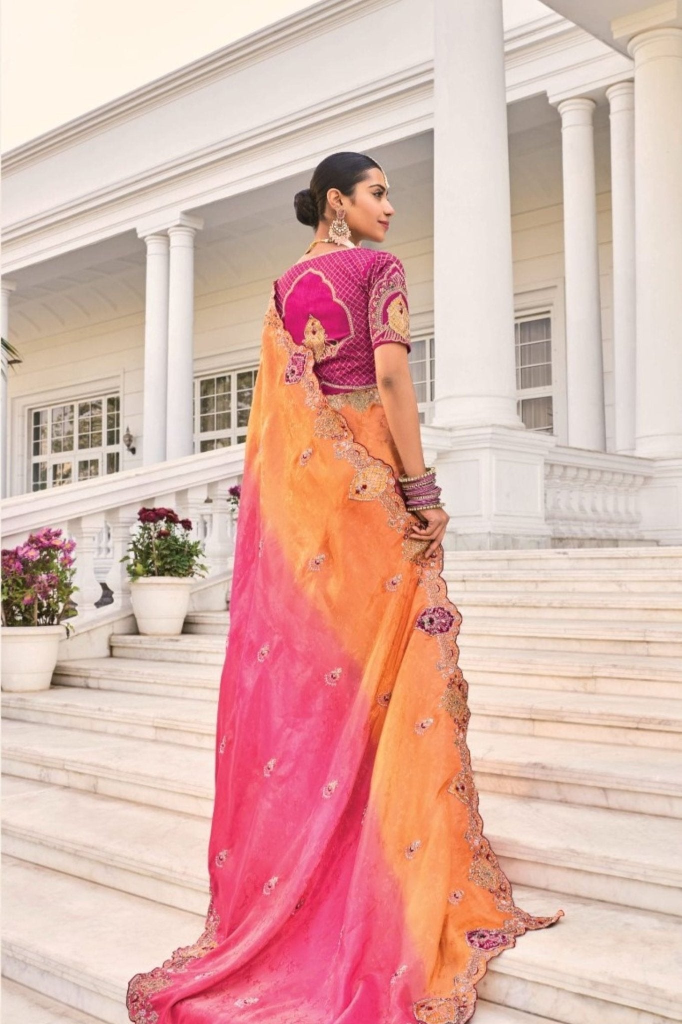 Designer Pink & Orange Silk Saree with Embroidery - Mangaldeep NX
