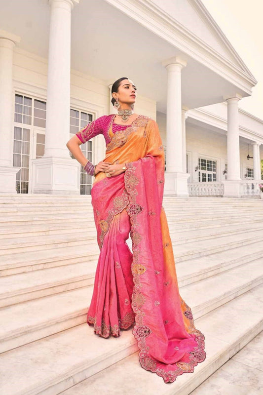 Designer Pink & Orange Silk Saree with Embroidery - Mangaldeep NX
