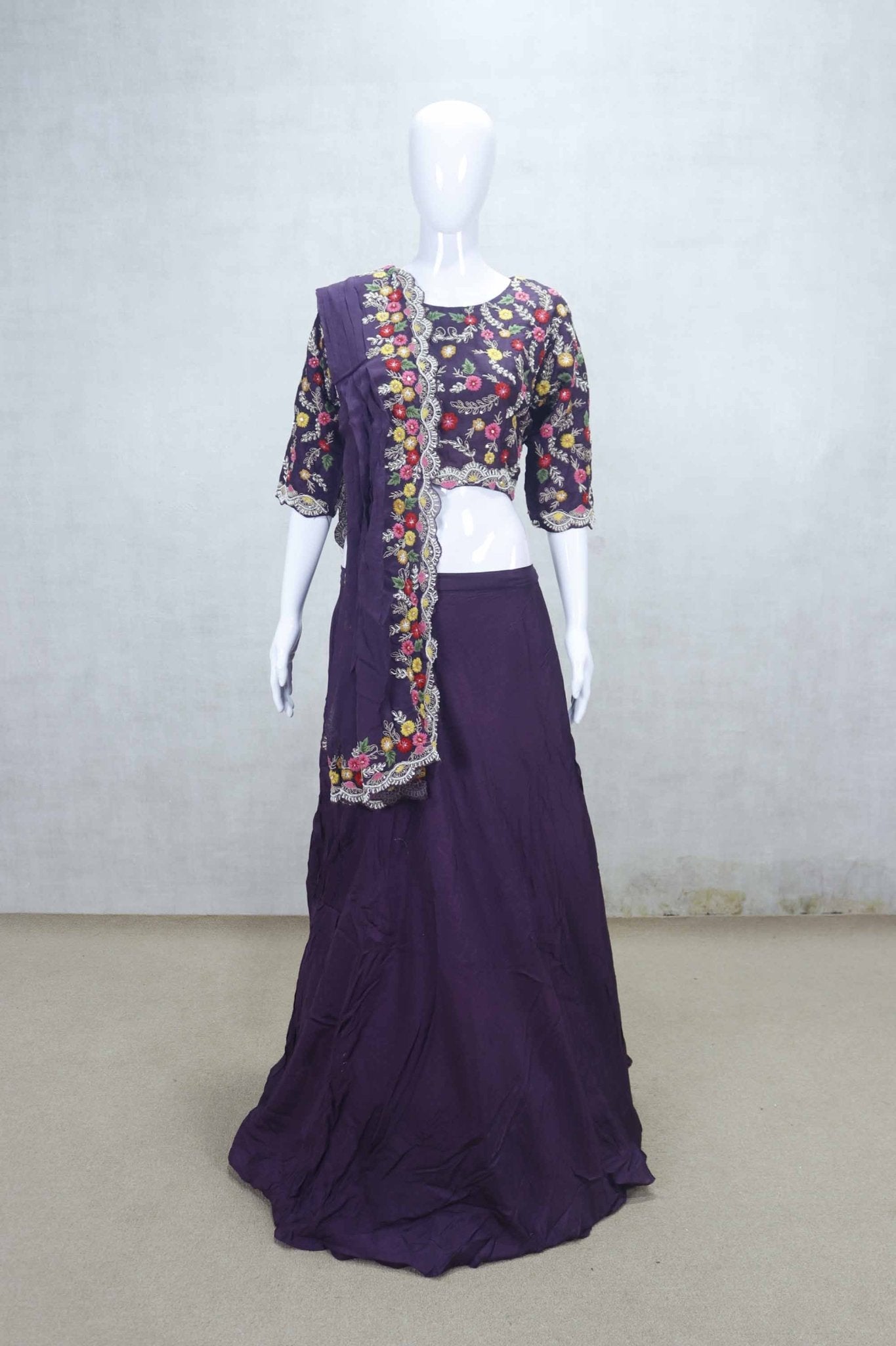 Designer Purple Embroidered Lehenga Choli Set with Floral Dupatta - Mangaldeep NX