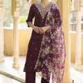 Designer Purple Embroidered Salwar Suit with Floral Organza Dupatta - Mangaldeep NX