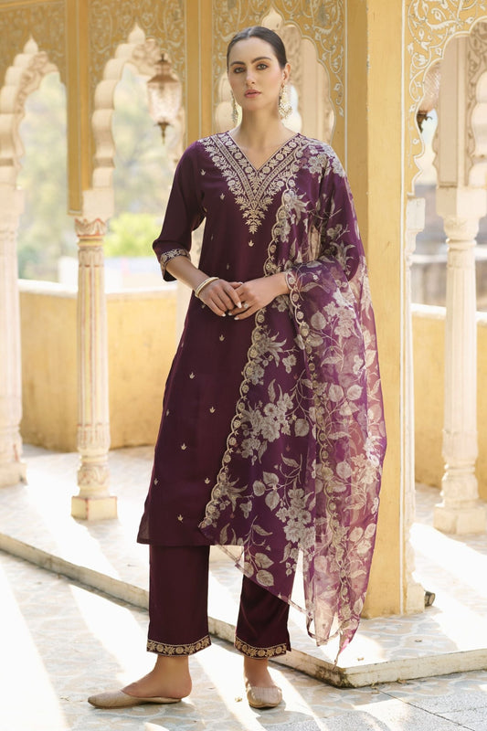 Designer Purple Embroidered Salwar Suit with Floral Organza Dupatta - Mangaldeep NX