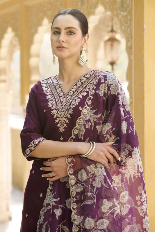 Designer Purple Embroidered Salwar Suit with Floral Organza Dupatta - Mangaldeep NX