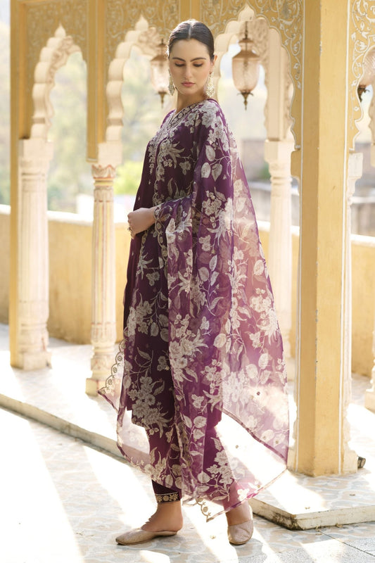Designer Purple Embroidered Salwar Suit with Floral Organza Dupatta - Mangaldeep NX
