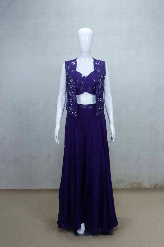 Designer Purple Mirror Work Crop Top with Flared Skirt and Embroidered Jacket Set - Mangaldeep NX