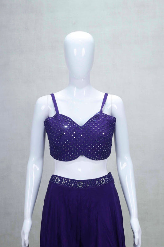 Designer Purple Mirror Work Crop Top with Flared Skirt and Embroidered Jacket Set - Mangaldeep NX