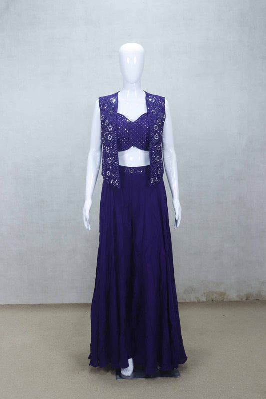 Designer Purple Mirror Work Crop Top with Flared Skirt and Embroidered Jacket Set - Mangaldeep NX