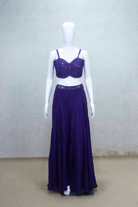 Designer Purple Mirror Work Crop Top with Flared Skirt and Embroidered Jacket Set - Mangaldeep NX
