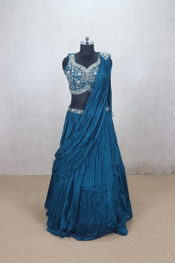 Designer Teal Blue Crushed Silk Lehenga Choli - Mangaldeep NX