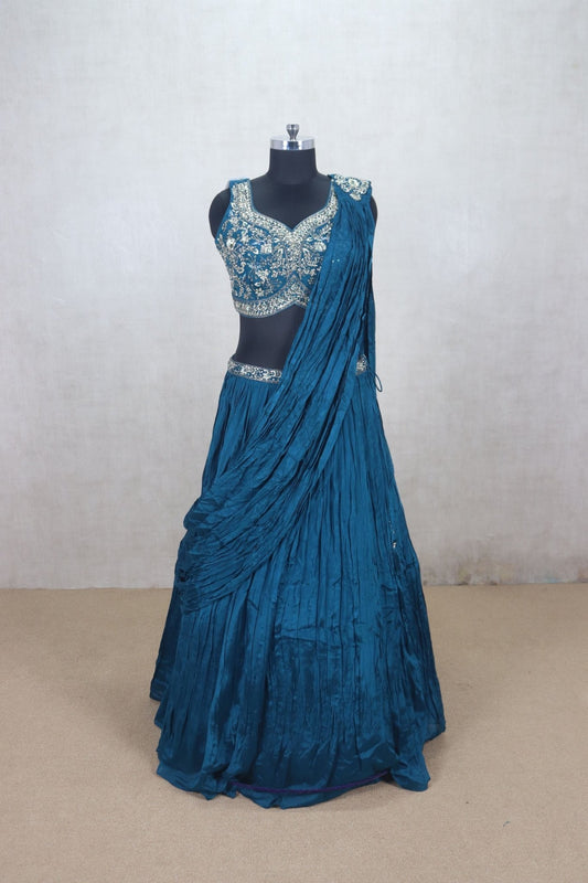 Designer Teal Blue Crushed Silk Lehenga Choli - Mangaldeep NX