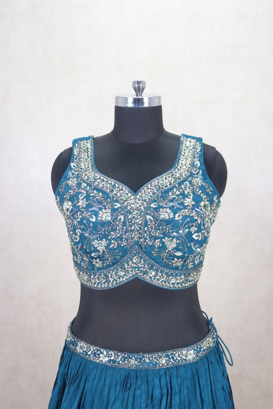 Designer Teal Blue Crushed Silk Lehenga Choli - Mangaldeep NX