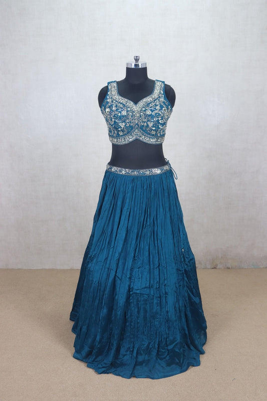 Designer Teal Blue Crushed Silk Lehenga Choli - Mangaldeep NX