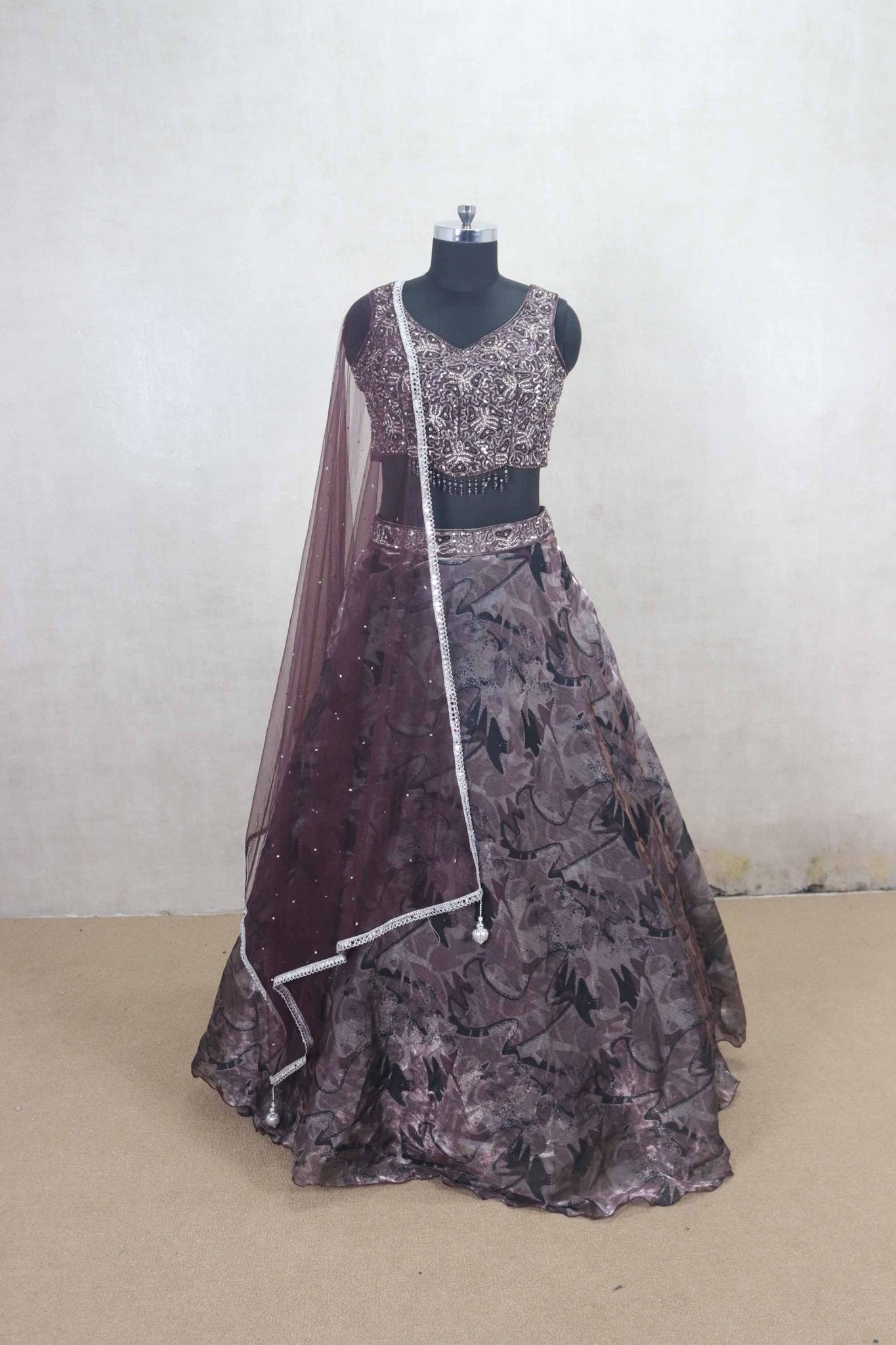 Designer Wine Color Embroidered Net Lehenga Choli with Dupatta - Mangaldeep NX
