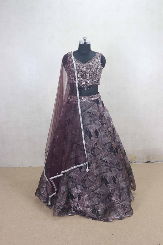 Designer Wine Color Embroidered Net Lehenga Choli with Dupatta - Mangaldeep NX