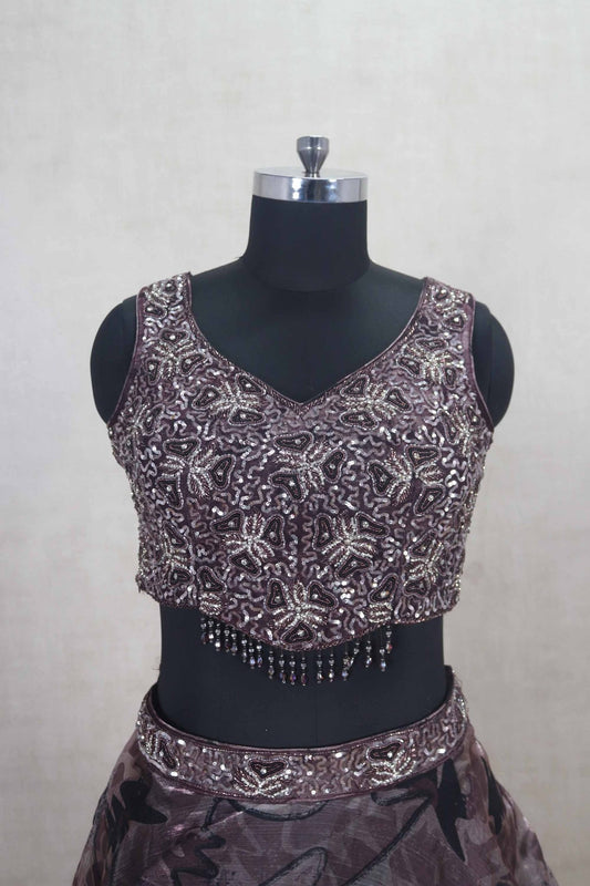 Designer Wine Color Embroidered Net Lehenga Choli with Dupatta - Mangaldeep NX