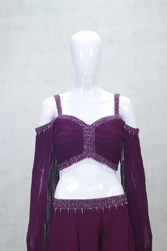 Designer Wine Purple Indo - Western Palazzo Set with Pleated Sleeves - Mangaldeep NX