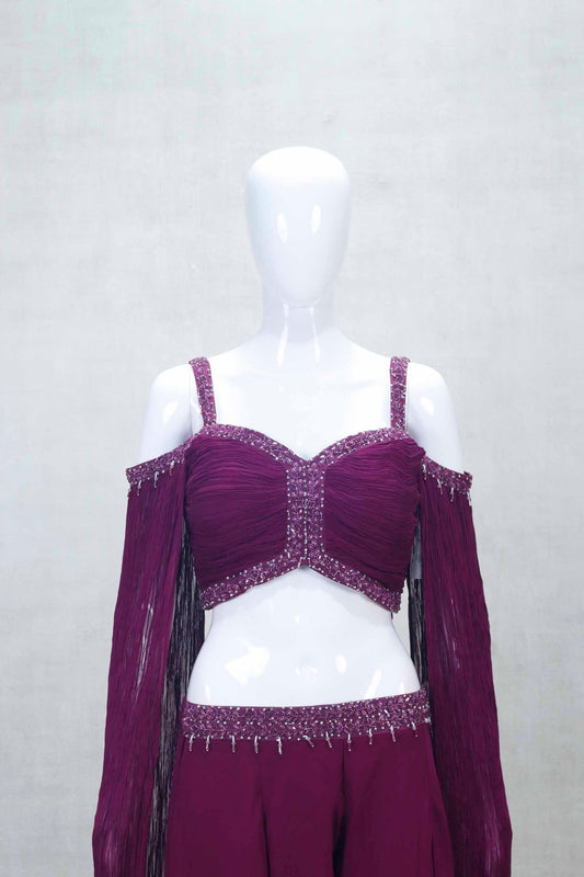 Designer Wine Purple Indo - Western Palazzo Set with Pleated Sleeves - Mangaldeep NX