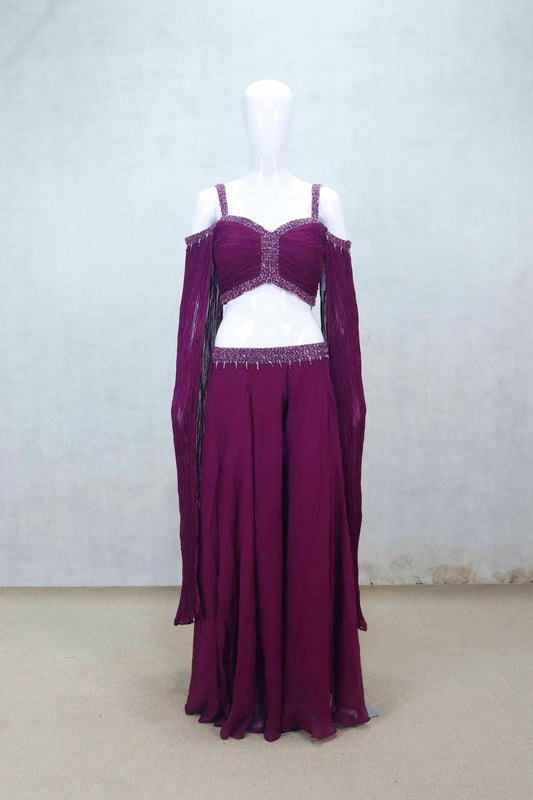 Designer Wine Purple Indo - Western Palazzo Set with Pleated Sleeves - Mangaldeep NX