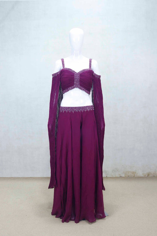 Designer Wine Purple Indo - Western Palazzo Set with Pleated Sleeves - Mangaldeep NX