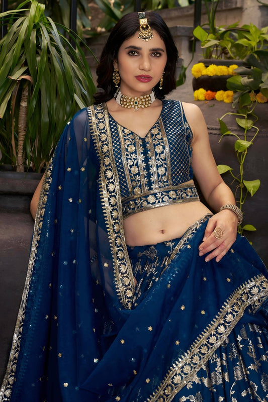 Dove Blue Embroidered Silk Lehenga Choli with Sequin Work and Net Dupatta - Mangaldeep NX
