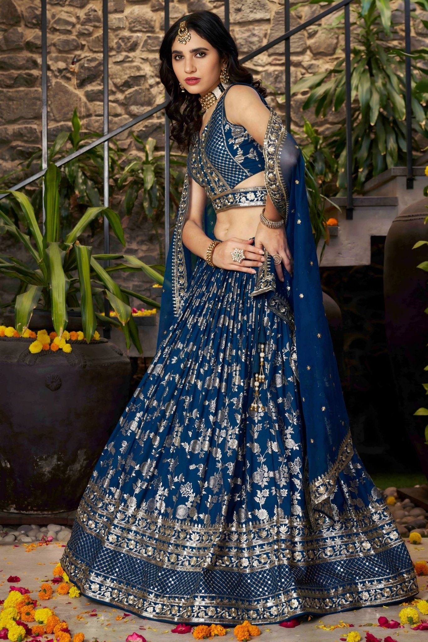 Dove Blue Embroidered Silk Lehenga Choli with Sequin Work and Net Dupatta - Mangaldeep NX