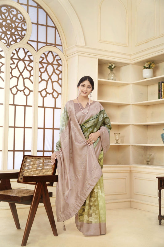 Dusty Beige and Olive Green Floral Printed Linen Silk Saree with Zari Accents - Mangaldeep NX