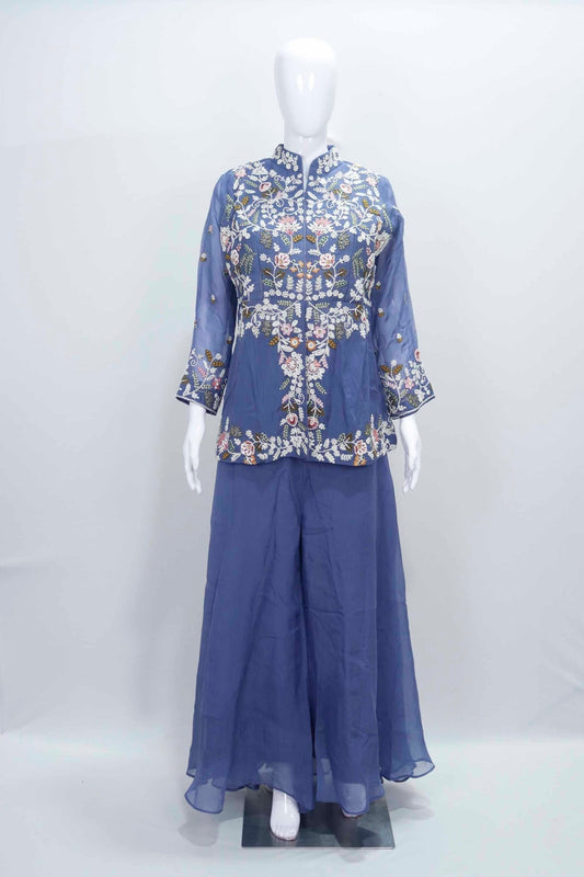 Dusty Blue Embroidered Palazzo Suit with Dupatta - Mangaldeep NX