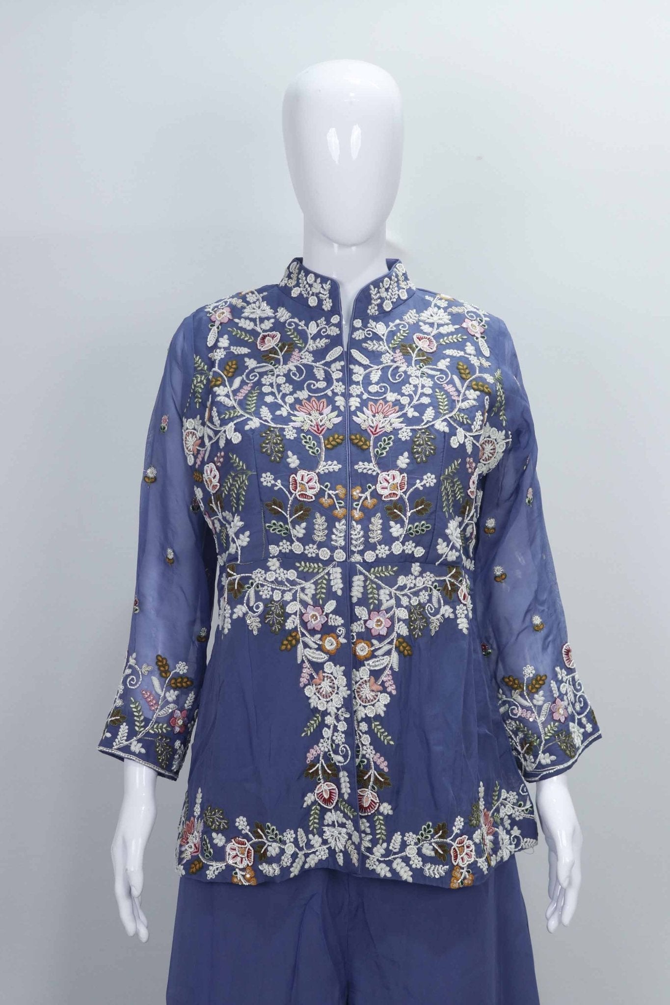 Dusty Blue Embroidered Palazzo Suit with Dupatta - Mangaldeep NX