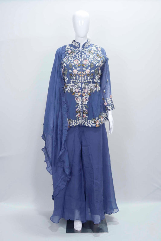 Dusty Blue Embroidered Palazzo Suit with Dupatta - Mangaldeep NX