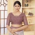 Dusty Brown and Beige Linen Silk Saree with Digital Palace Print and Zari Border - Mangaldeep NX