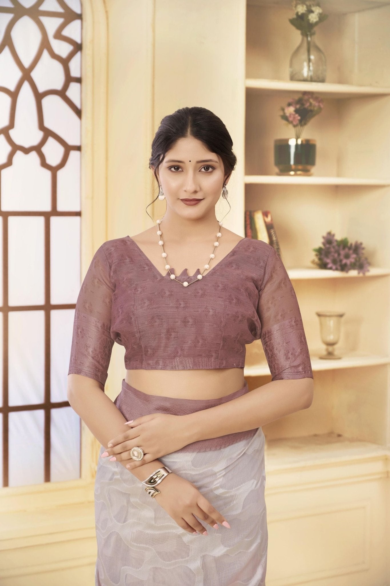 Dusty Brown and Beige Linen Silk Saree with Digital Palace Print and Zari Border - Mangaldeep NX
