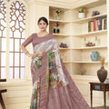 Dusty Brown and Beige Linen Silk Saree with Digital Palace Print and Zari Border - Mangaldeep NX
